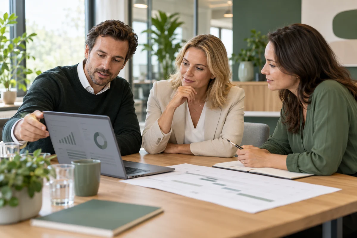 Sfeerimpressie: een organisatie en implementatieadviseurs bespreken samen een softwareproject