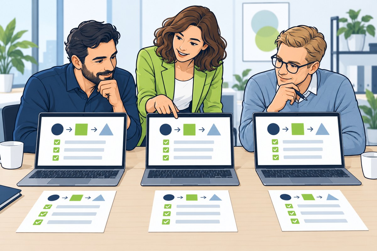 Cartoon: een team vergelijkt software met dezelfde praktijkcase en checklist